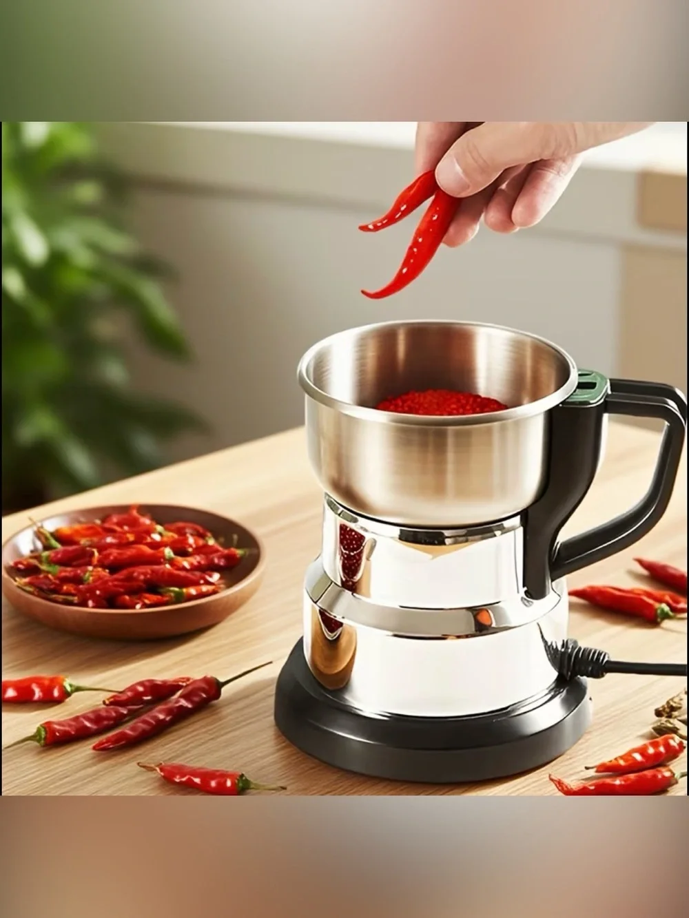 Portable Silver Electric Coffee Grinder with Black Handle